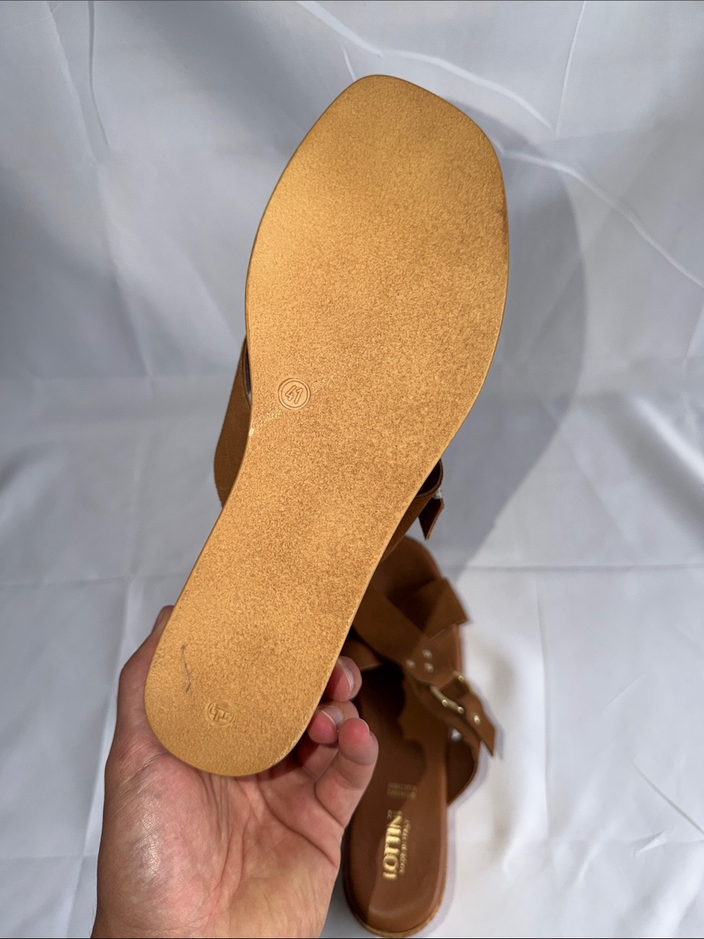 Lottini Italy Suede Cross Band Buckle Cork Wedge Slide Sandals Cuoio 9.5 NWT - Picture 6 of 6